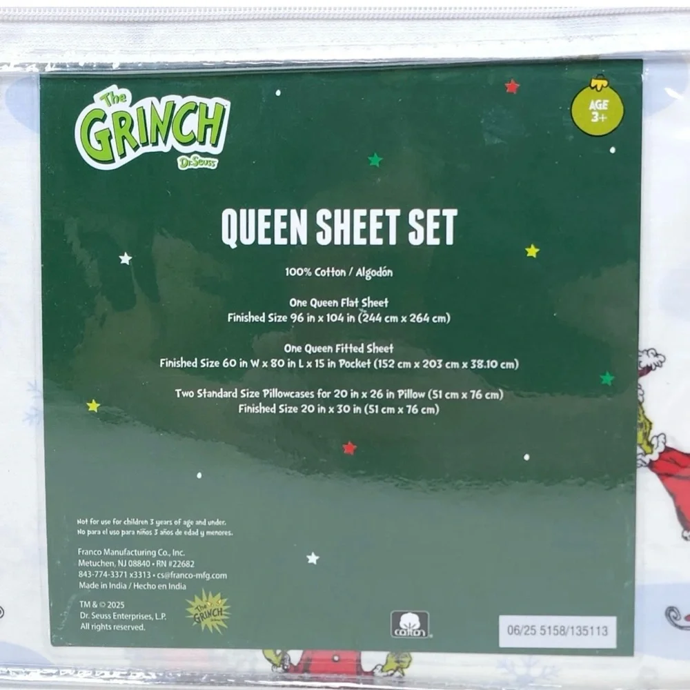 Dr. Seuss THE GRINCH CHRISTMAS Queen Size Cotton Sheet Set Soft New in Package